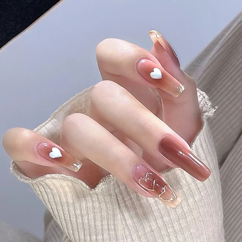 Gentlewomen Sweet Style Armor Blush Heart Long Autumn And Winter White Removable Fake Nail