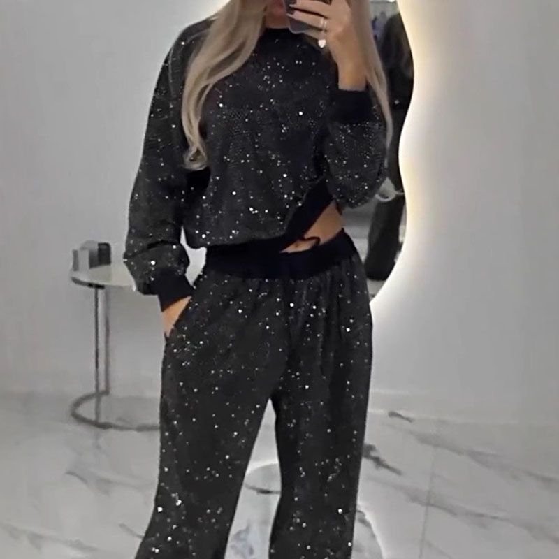 Autumn And Winter Women Glitter Sequin Long Sleeve Round Neck Loose Top Drawstring Wide Leg Pants Two-Piece Set