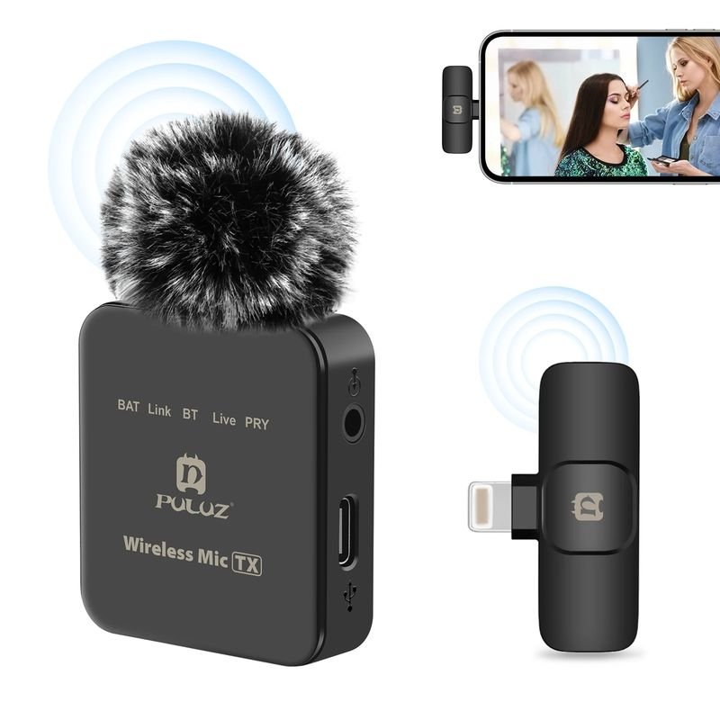 Puluz Wireless Lavalier Microphone 2.4G Mic For Iphone Ipad Android Type-C Phones Tablets Live Streaming Interview Vlogging