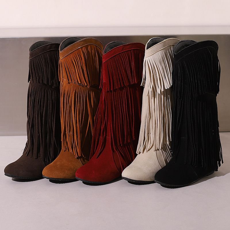 Autumn Winter Women Fashion Vintage Tassel Flat High Boots