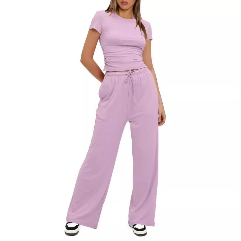 Women Casual Solid Color Short-Sleeved Top High Waist Wide-Leg Trousers Sportswear Set