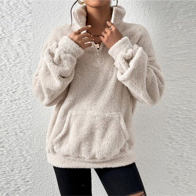 Women Autumn And Winter Casual Solid Color Plush Stand Collar Pocket Sweatshirt