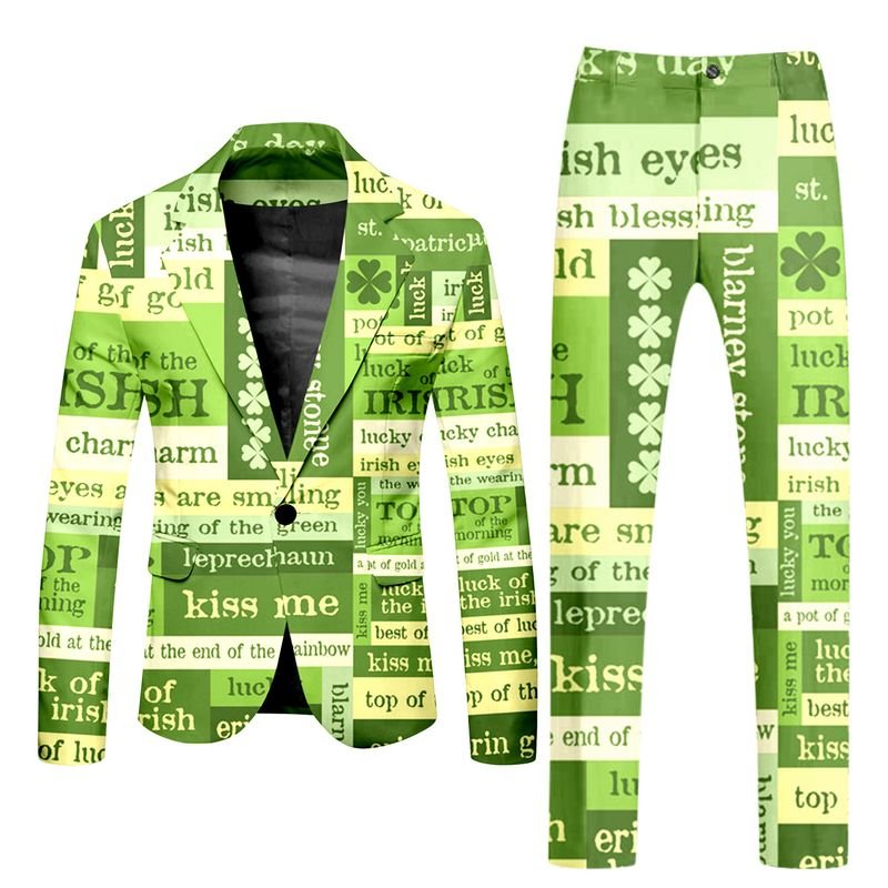 Men Fashion Casual St. Patrick Day Party Letters Clover 3D Print Long Sleeve Lapel Suit Trousers Set