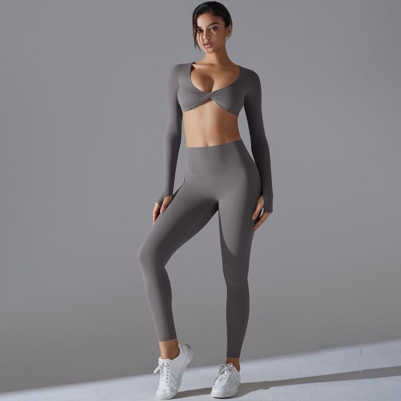 Women Fashion Sports Fitness Long Sleeve Top Yoga Pants Two-Piece Set