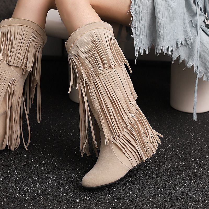 Autumn Winter Women Fashion Vintage Tassel Flat High Boots