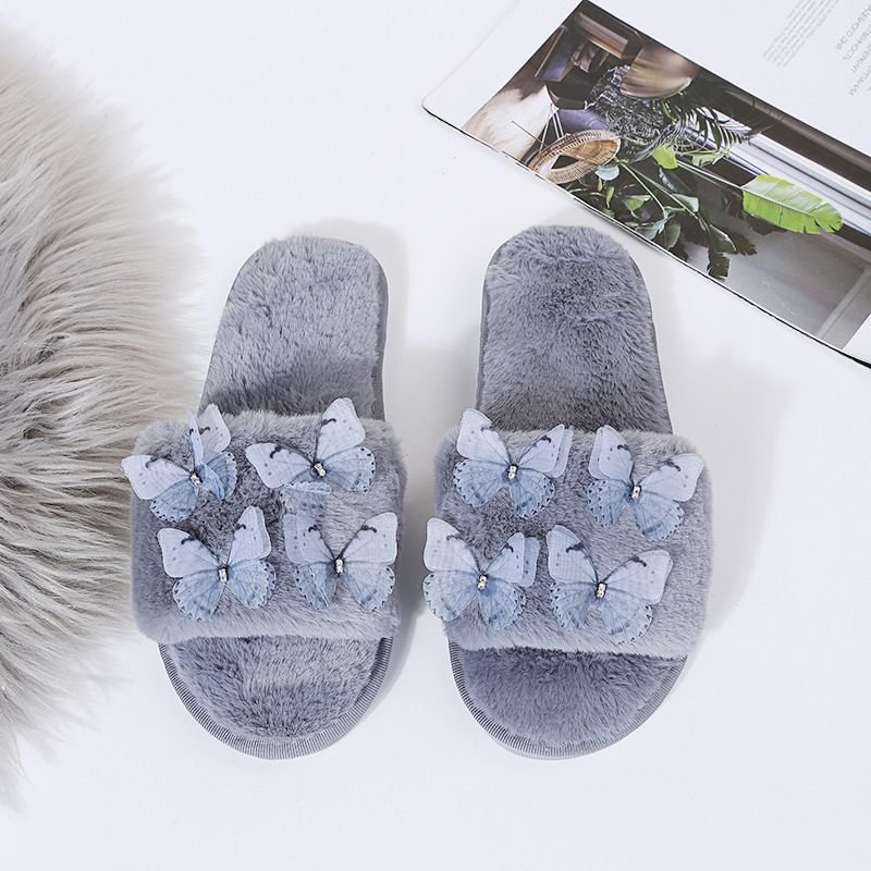 Autumn Winter Women Fashionable Plus Size Warm Plush Solid Butterfly Decorative Flat Home Slippers