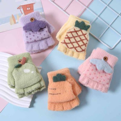 Kids Unisex Fall Winter Casual Cute Cartoon Fleeces Half Finger Clamshell Gloves