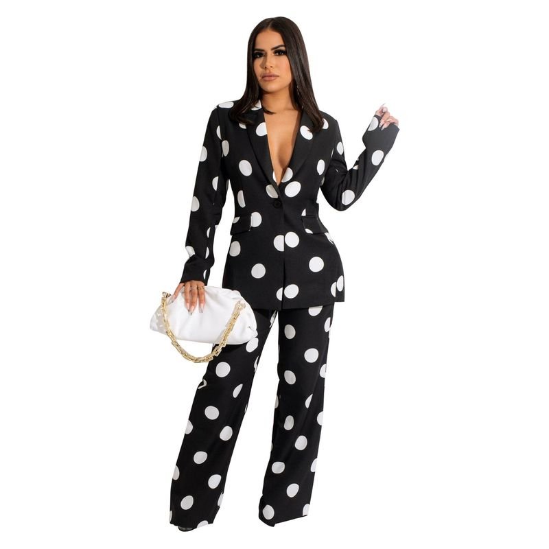 Women Fashion Casual Dot Print Blazer And Pants Two-Piece Set