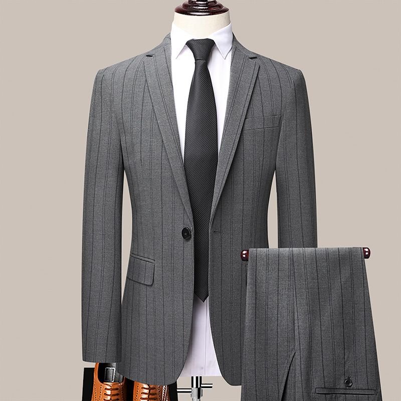 Men Fashion Business Office Stripe Long Sleeve Lapel Suit Pants Plus Size Sets