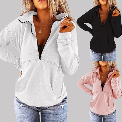 Autumn Winter Women Casual Solid Color Stand Collar Long Sleeve Zipper Blank Sweatshirt