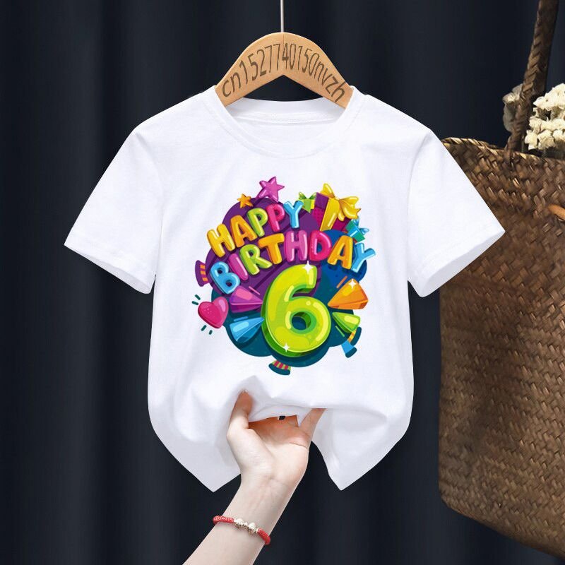 Happy Birthday Kids Basic Round Neck Short Sleeve Letter Figure Pattern Casual T-shirt