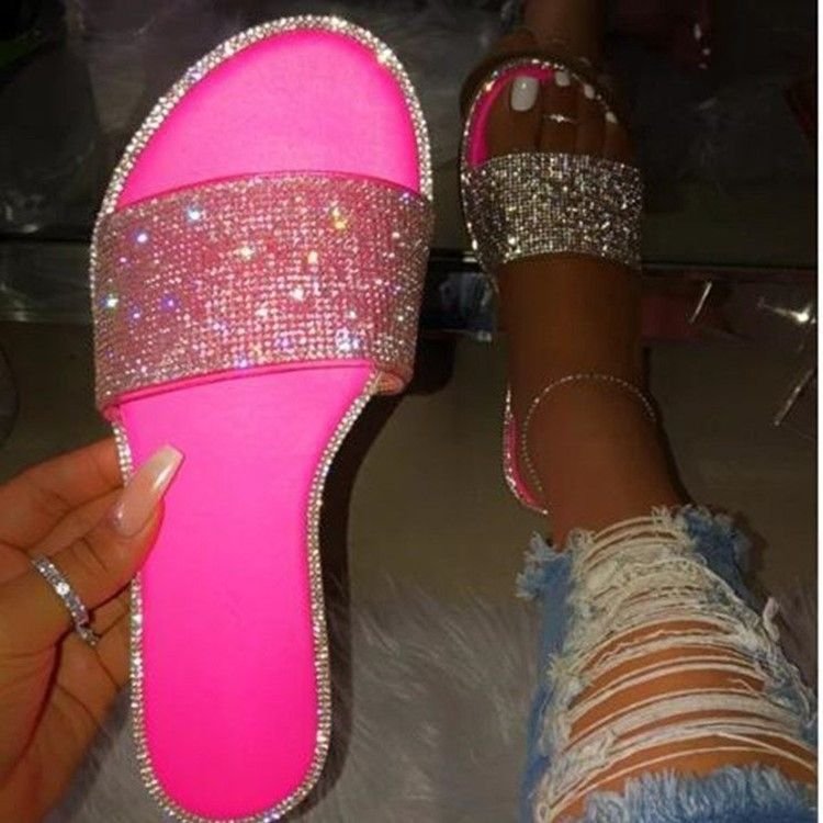 Plus Size Women Fashion Flat Open Toe Rhinestone Flat Slippers