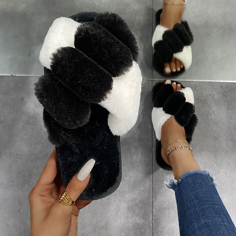 Autumn Winter Women Fashion Plus Size Cross Plush Warm Home Slippers