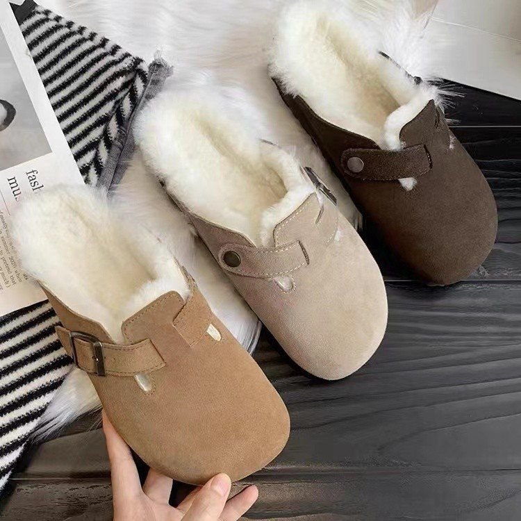 Autumn Winter Women Fashion Fleece-Lined Thickened Cover Toe Flat Mueller Shoes