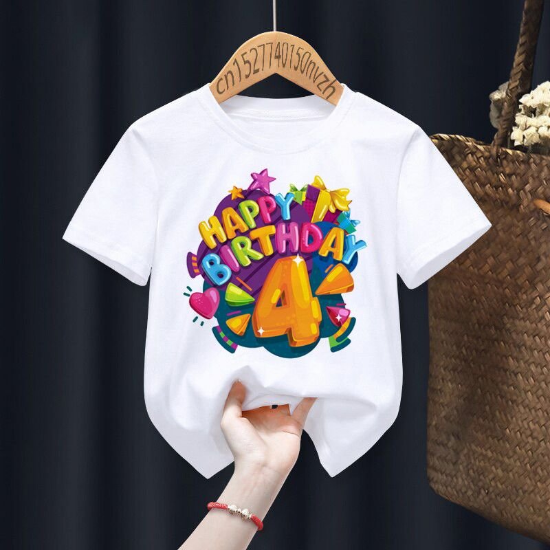 Happy Birthday Kids Basic Round Neck Short Sleeve Letter Figure Pattern Casual T-shirt