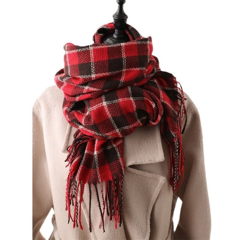Autumn Winter Women Fashion Plaid Tassel Imitation Cashmere Warm Scarf