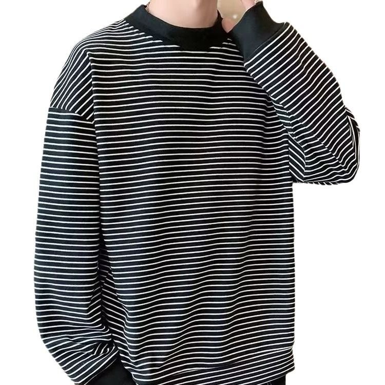 Men Fashion Casual Stripe Print Loose Long Sleeve O Neck T-Shirt