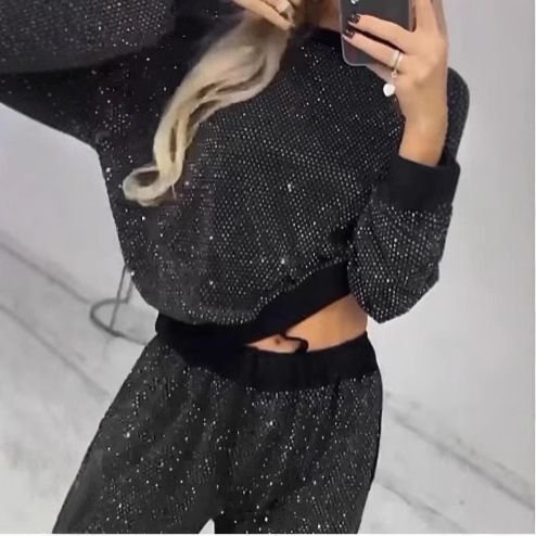 Autumn And Winter Women Glitter Sequin Long Sleeve Round Neck Loose Top Drawstring Wide Leg Pants Two-Piece Set