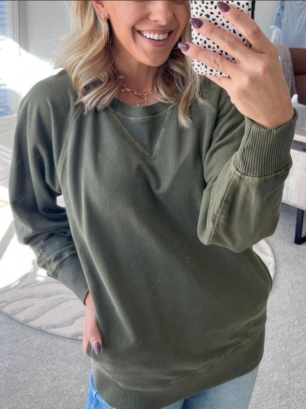 Autumn Winter Women Fashion Loose Solid Color Round Neck Long Sleeve Sweatshirt