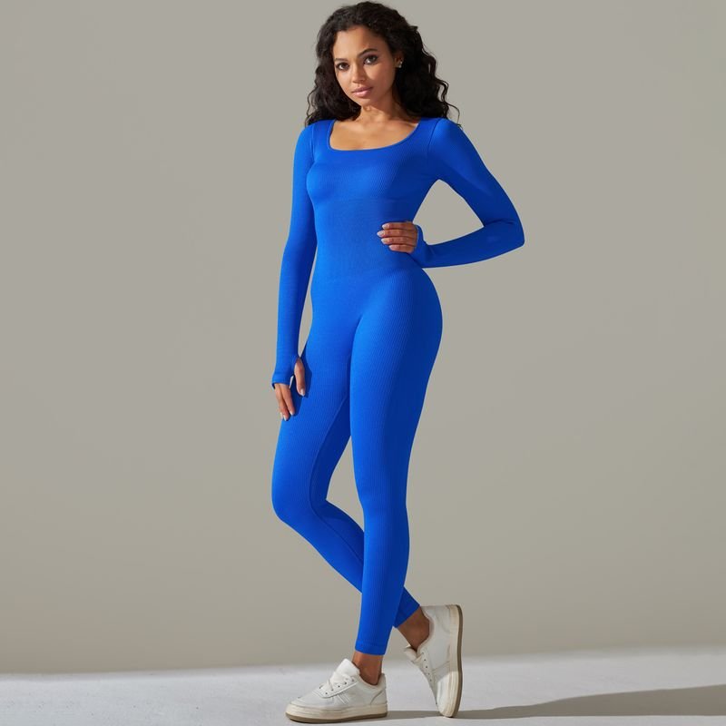 Women Fashion Simple Thread High Elastic Solid Color Tight Long Sleeve Sports Running Yoga Jumpsuits