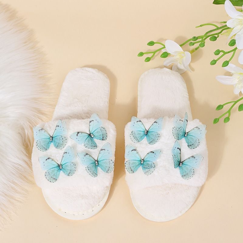 Autumn Winter Women Fashionable Plus Size Warm Plush Solid Butterfly Decorative Flat Home Slippers