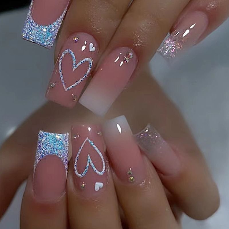 Mid-Length Square Shiny Glitter Nail Art Sweet Heart White Gradient French Fake Nail