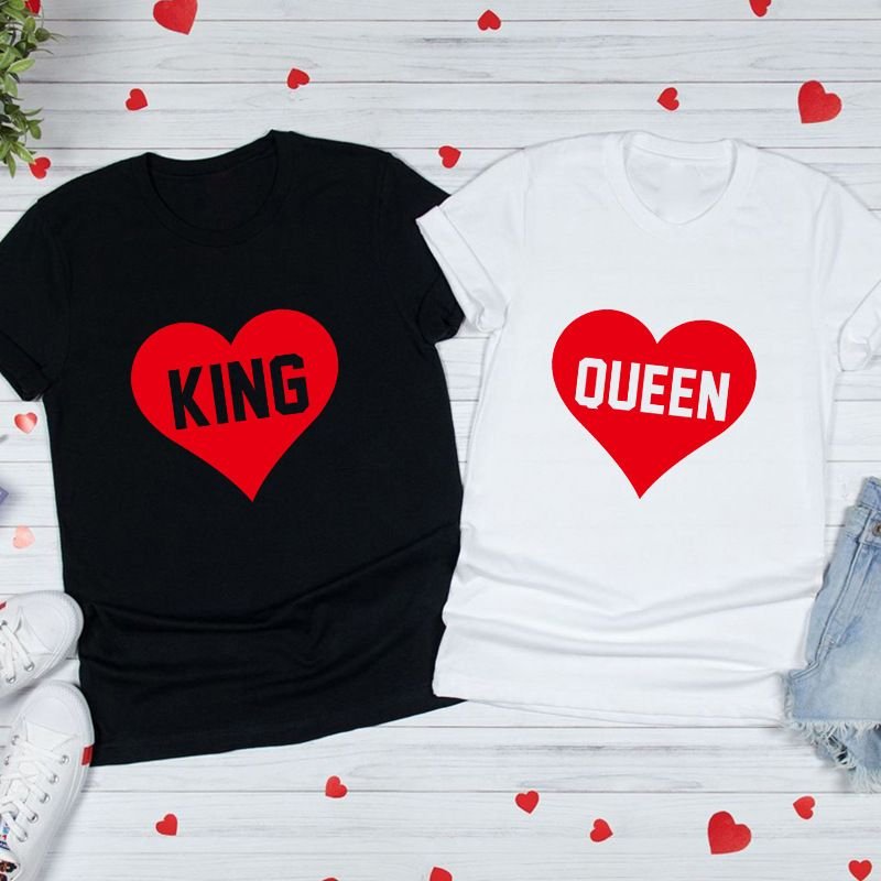 Valentine Day Heart Shape King Queen Letter Print Round Neck Short Sleeve Couple T-Shirt