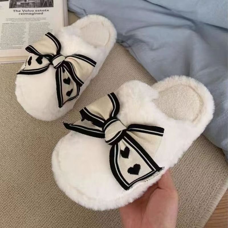 Autumn Winter Women Fashion Plus Size Plush Warm Bow Decorative Home Slippers