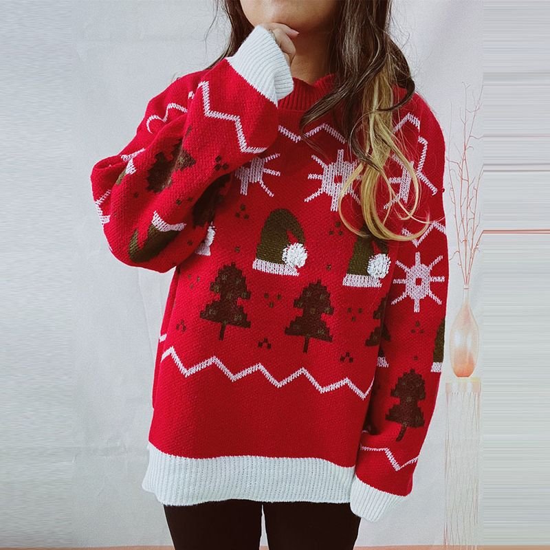 Women Fashion Christmas Tree Christmas Hat Crewneck Long Sleeve Knitted Sweater