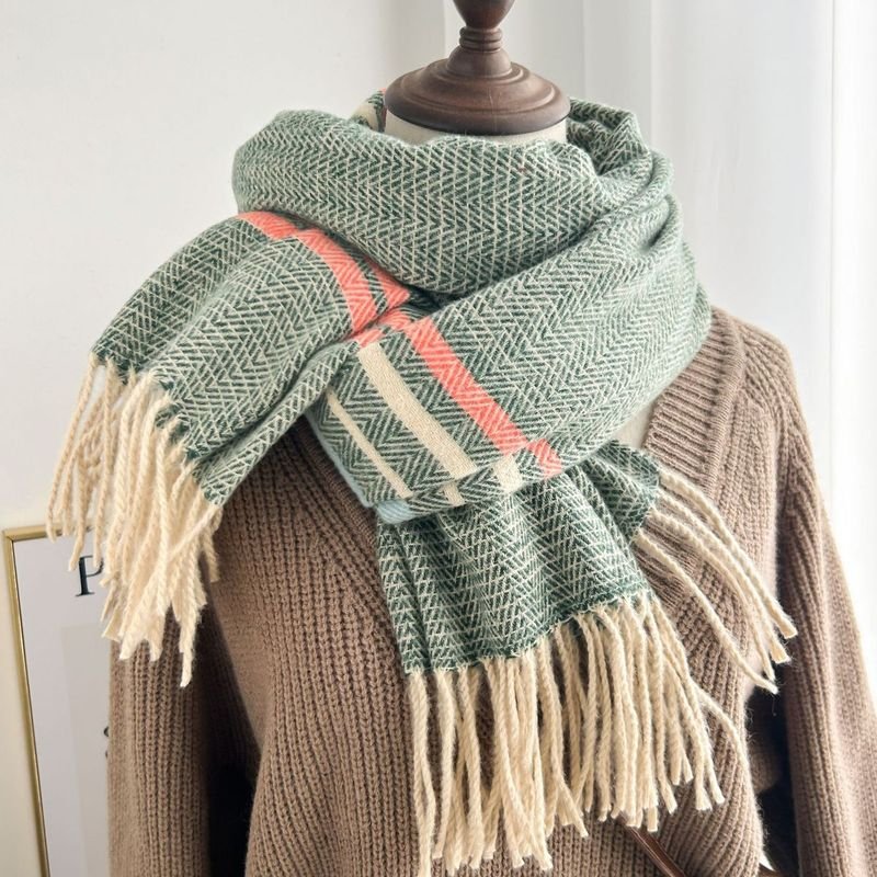 Autumn Winter Women Fashion Thickened Warm Tassel Stripe Cashmere Scarf