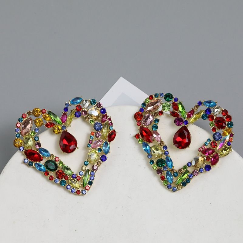 Women Fashion Heart Shaped Rhinestone Hollow Earrings