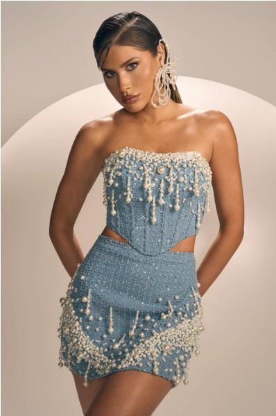 Women Fashion Sexy Pearl Sequin Denim Strapless Vest Skirt Two-Piece Set