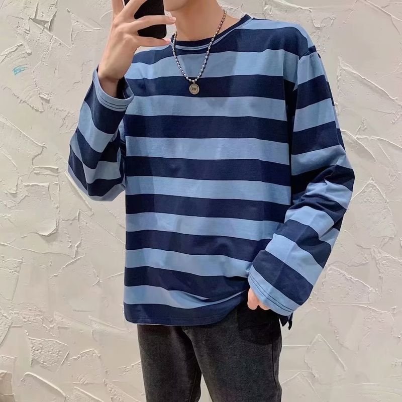 Men Fashion Casual Stripe Print Loose Long Sleeve Round Neck T-Shirt