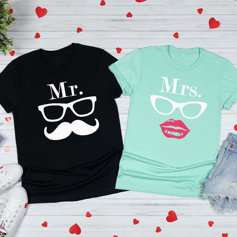 Valentine Day Cartoon Creative Glasses Bow Beard Printed Round Neck Short Sleeve Couple T-Shirt