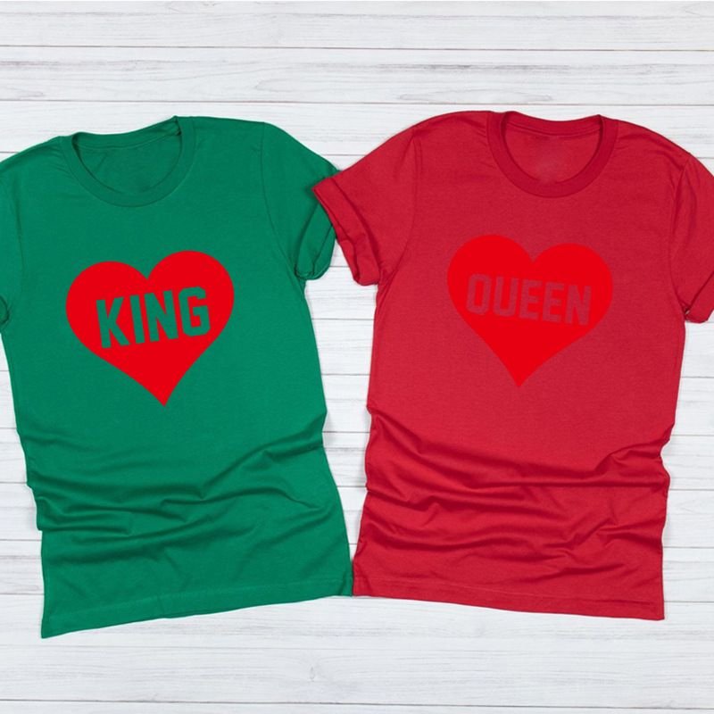 Valentine Day Heart Shape King Queen Letter Print Round Neck Short Sleeve Couple T-Shirt