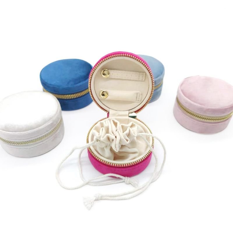 Fashion Solid Color Zipper Velvet Round Jewelry Storage Box