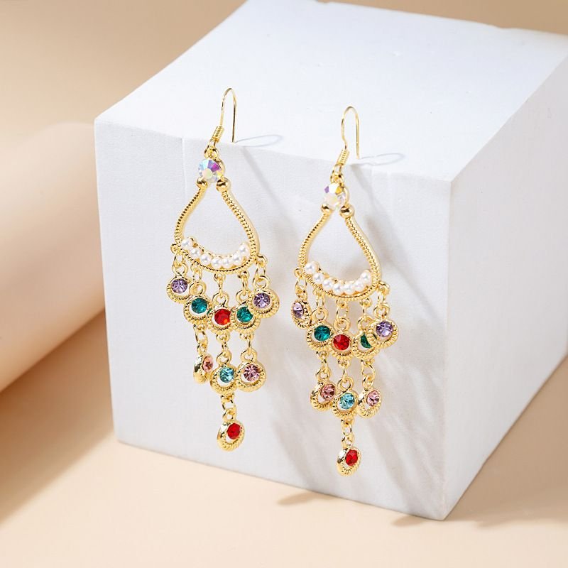 Women Retro Ethnic Moon Devil Eye Crystal Pendant Earrings