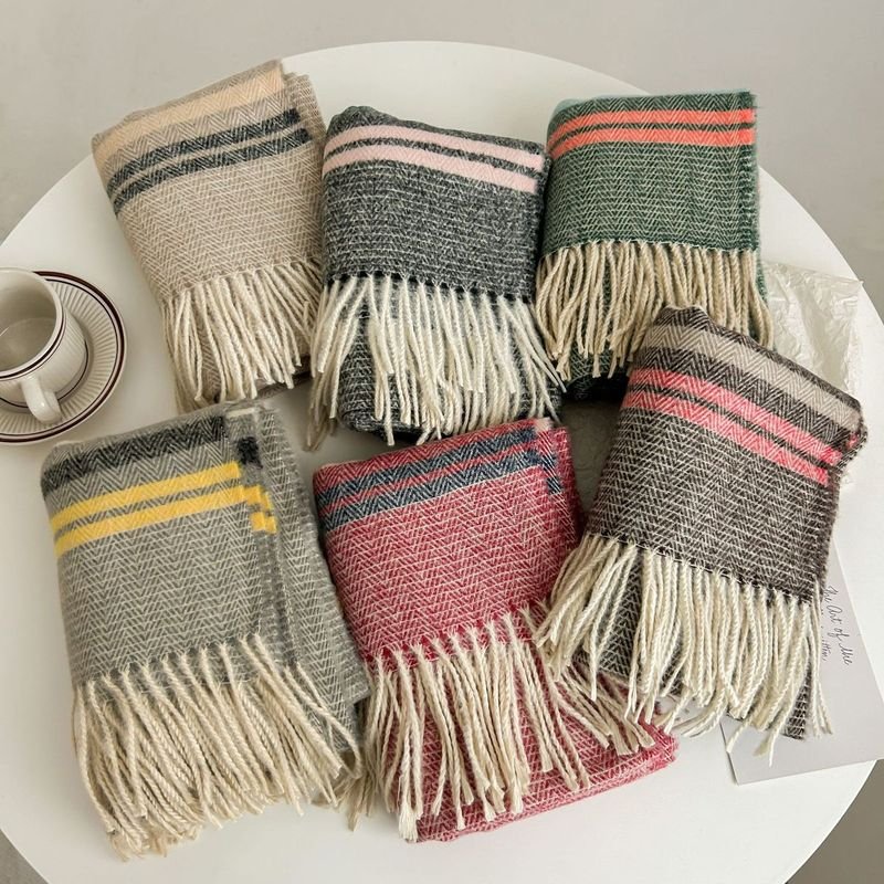 Autumn Winter Women Fashion Thickened Warm Tassel Stripe Cashmere Scarf