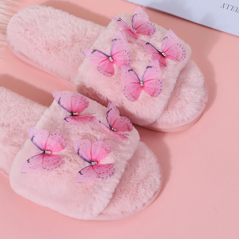 Autumn Winter Women Fashionable Plus Size Warm Plush Solid Butterfly Decorative Flat Home Slippers