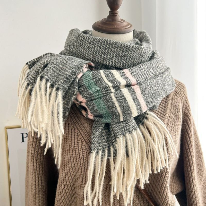 Autumn Winter Women Fashion Thickened Warm Tassel Stripe Cashmere Scarf