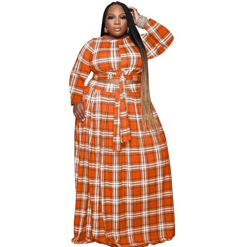 Women Fashion Casual Plus Size Plaid Print Lace-Up Long Sleeve Top Loose Skirt Two-Piece Set