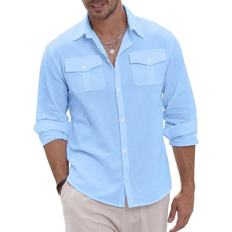 Men Fashion Casual Basic Solid Color Long Sleeve Lapel Shirt