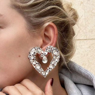 Women Fashion Heart Shaped Rhinestone Hollow Earrings