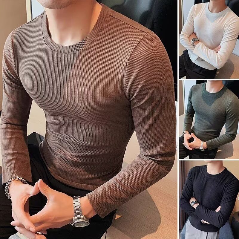 Men Basic Casual Solid Color Rib-Knit Long Sleeve Round Neck T-Shirt