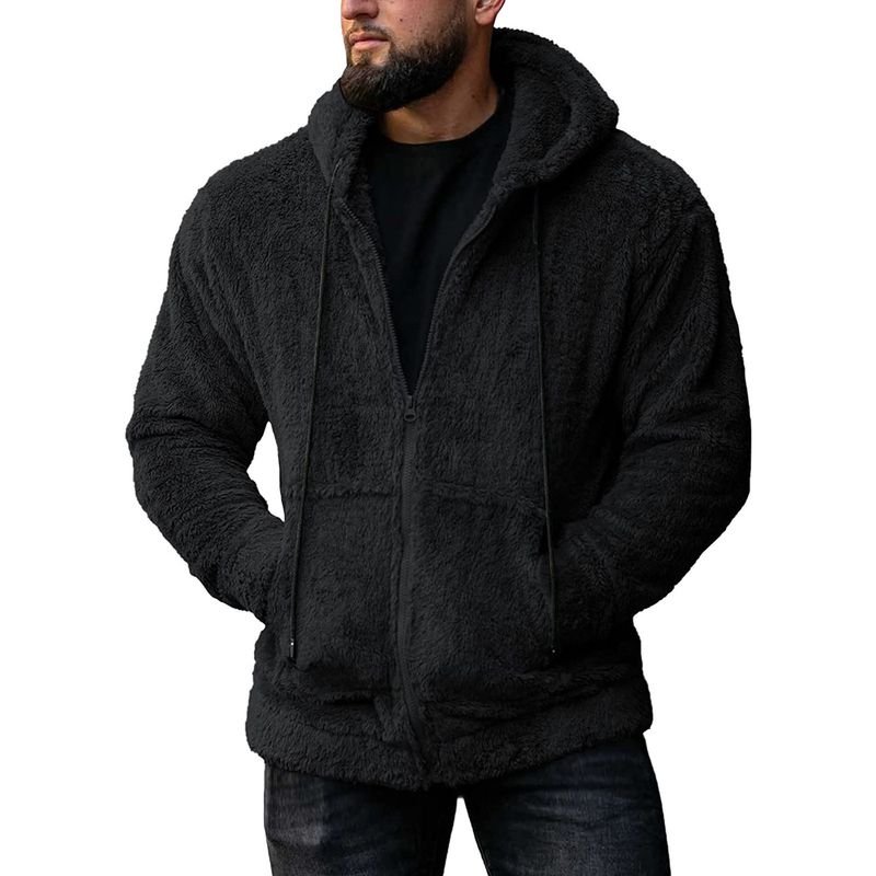 Men Autumn Winter Fashion Casual Solid Color Plush Long Sleeve Hooded Coat