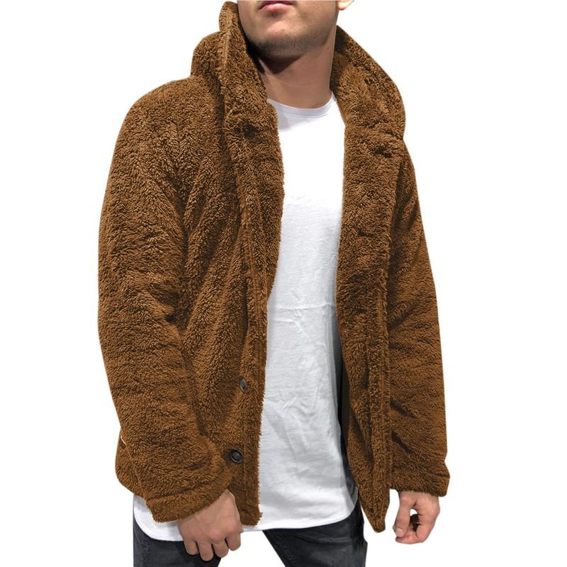 Men Autumn Winter Fashion Casual Solid Color Plush Long Sleeve Hooded Coat