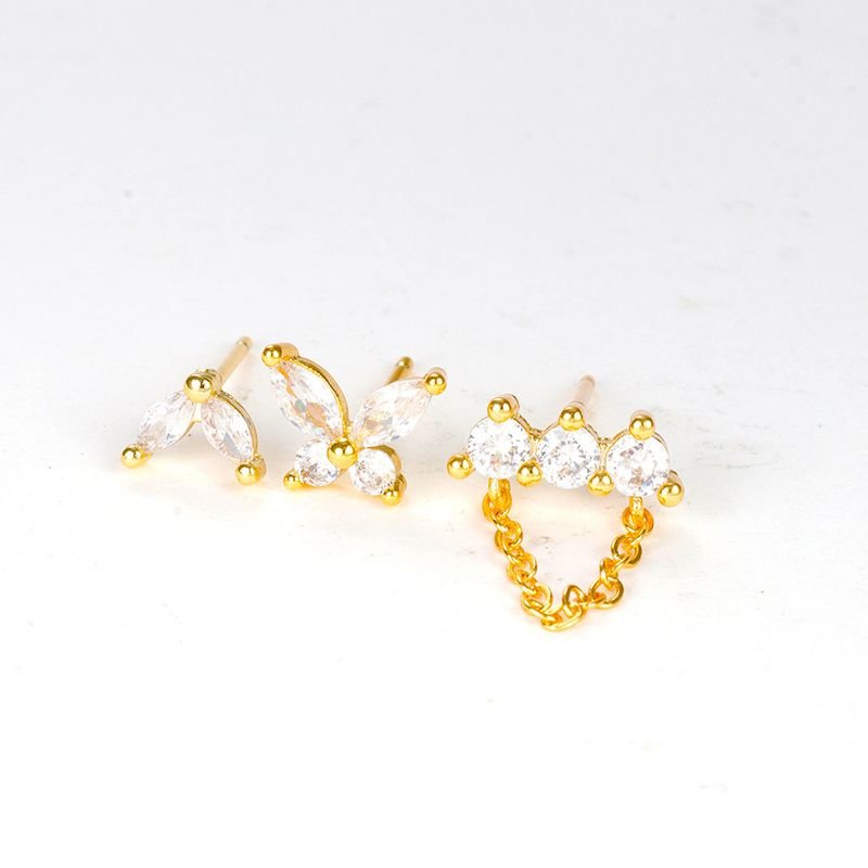 Women Simple Butterfly Rhinestone Piercing Earrings 3 Pcs-Set