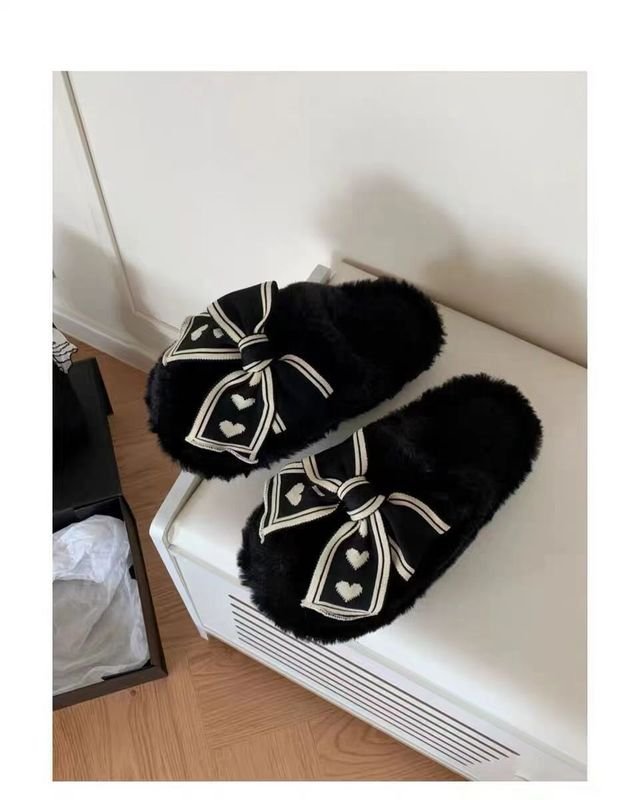 Autumn Winter Women Fashion Plus Size Plush Warm Bow Decorative Home Slippers