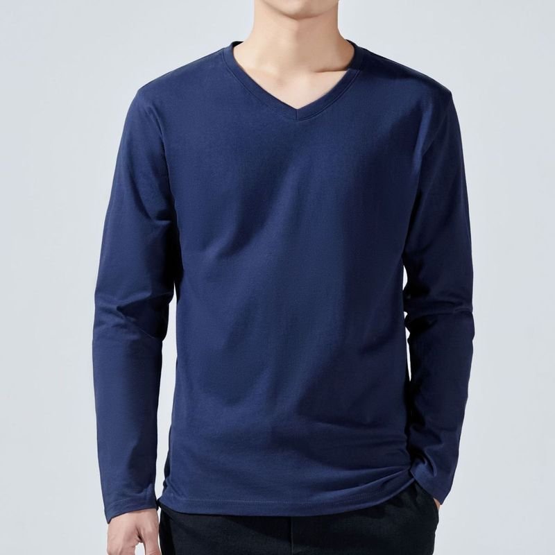 Men Fashion Casual Basic Solid Color Plus Size Long Sleeve V Neck T-Shirt