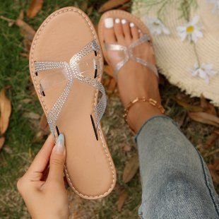 Summer Women Fashionable Plus Size Transparent Cross Rhinestone Round Toe Flat PU Slippers